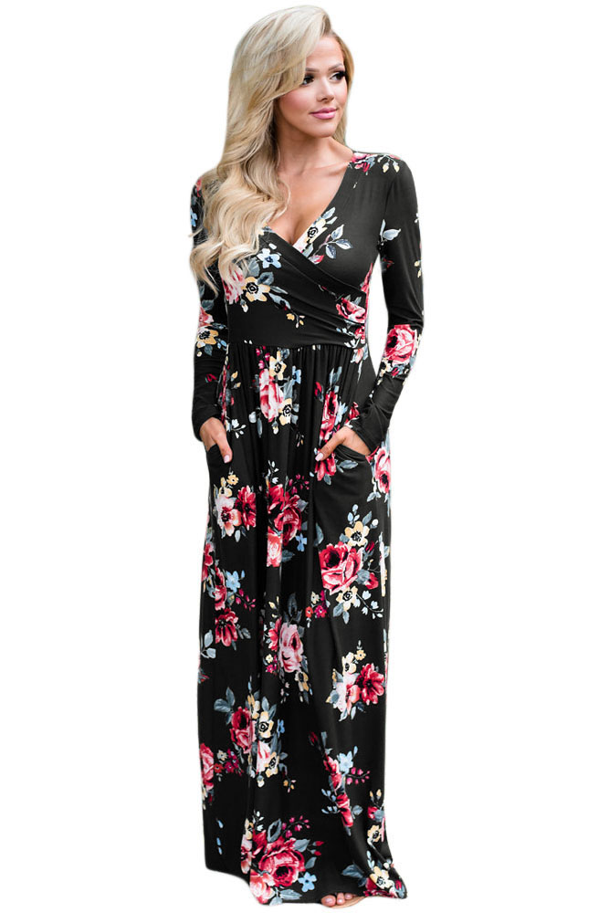 BY61772-2 Black Floral Surplice Long Sleeve Maxi Boho Dress